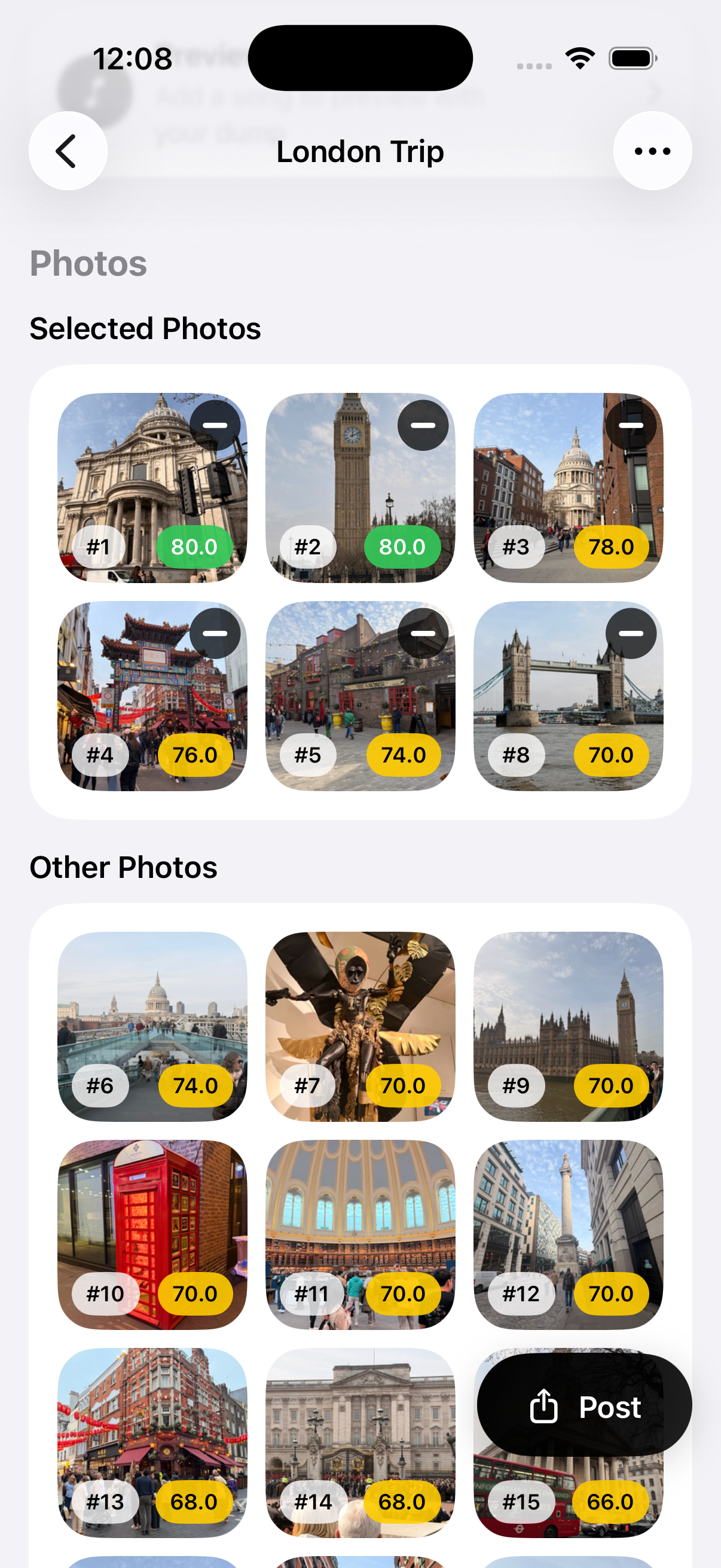 InstaDump ranked results screen